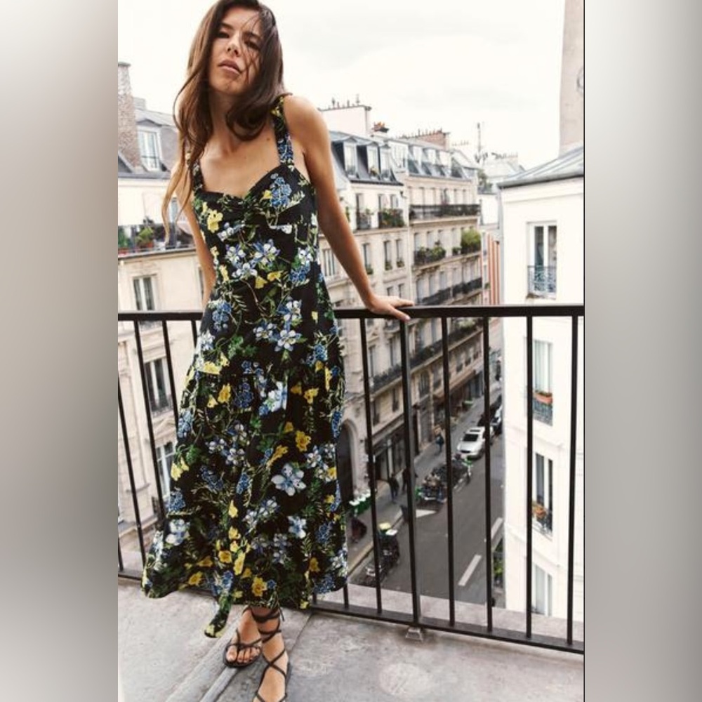 Zara Women Black Floral Print Embroidered Eyelet Midi Dress Size M NWT